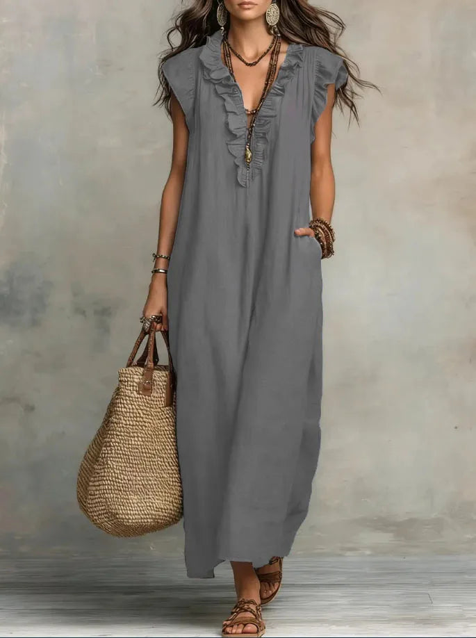 Women Spring Summer Boho Flutter Sleeve Floor Length Maxi Dress Elegant Beach Long Dress