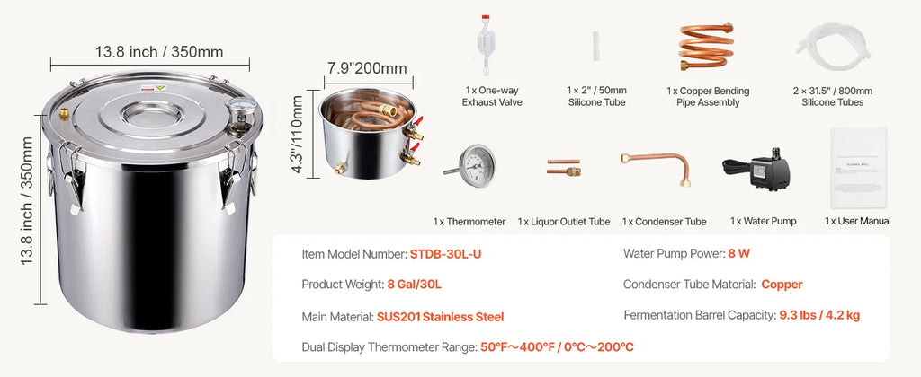 SucceBuy Alcohol Still 3 -8 Gallon  Stainless Steel Water Alcohol Distiller with Copper Coil  Brewing Refining Fermentation Kit