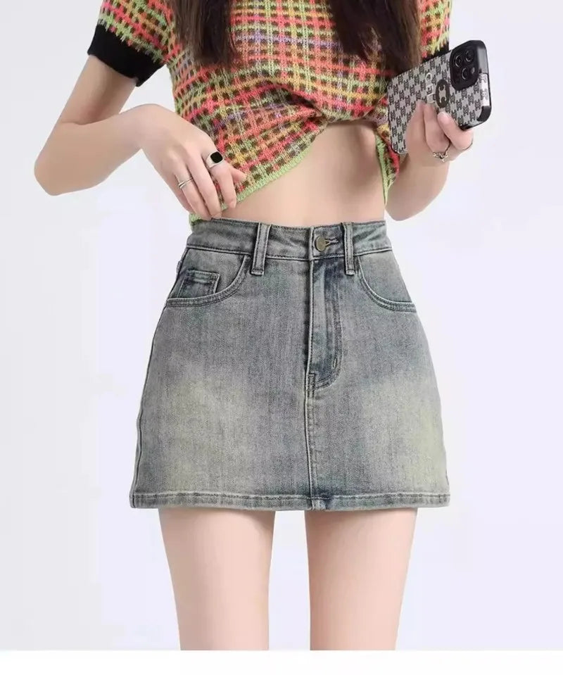 Sexy Retro Denim Skirt Women Anti-Light High Waist A-Line Slimming American Hot Girl Wrap Body Skirt Summer Fashion Mini Skirt