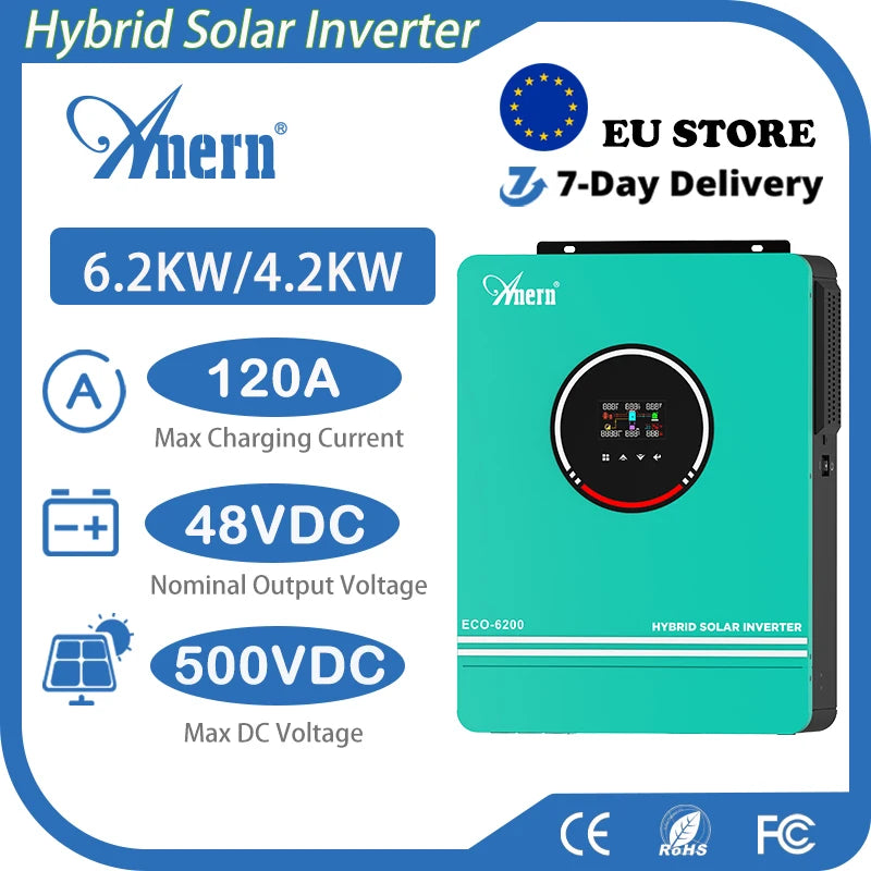 Anern Solar Inverter 6.2KW 48V 4.2KW 24V 3.2KW 12V With MPPT 140A Charger Controller Dual AC Output Pure Sine Wave Inverter