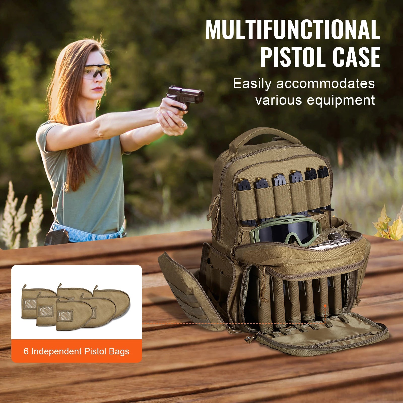 SucceBuy Tactical Range Backpack 2/6 Pistols Gun Backpack with Independent Pistol Bags and Magazines Pistol Backpack for Outdoor