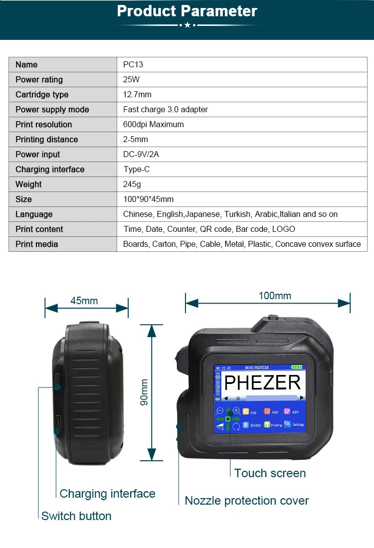 For Hp Phezer 2026 PC98 Mini Printer 28 Languages Portable Printer Handheld Inkjet Printer QR Bar Code Date Logo Expiry Date