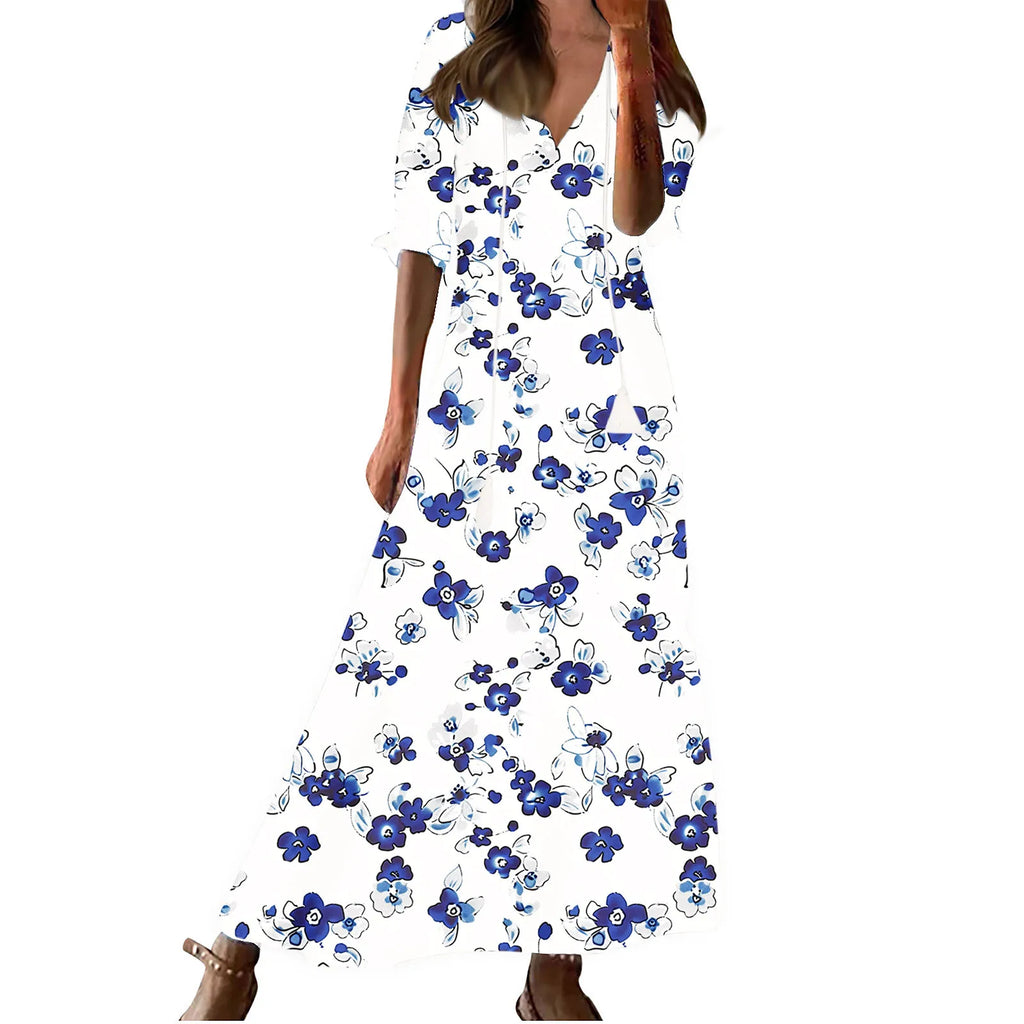FALL Summer New 2026 Women's Casual Sweet Loose Sexy V-neck Drawstring Fashionable Printed Long Sleeved Boho Bohemian Dresses