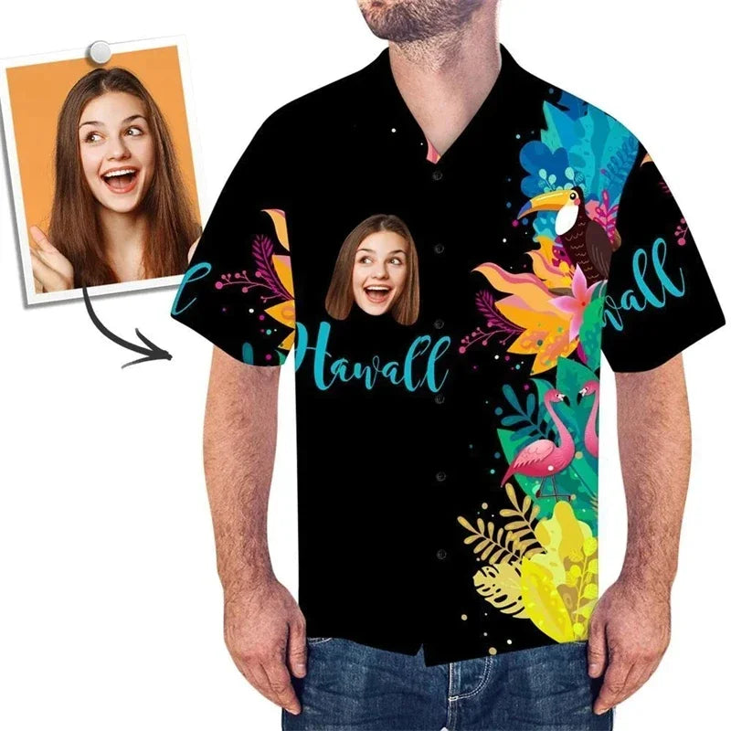 Funy Custom Image Graphic Shirts For Men Clothes Hawaii Diy Photo 3D Print Female Lapel Blouse Personalized Design Short Sleeve