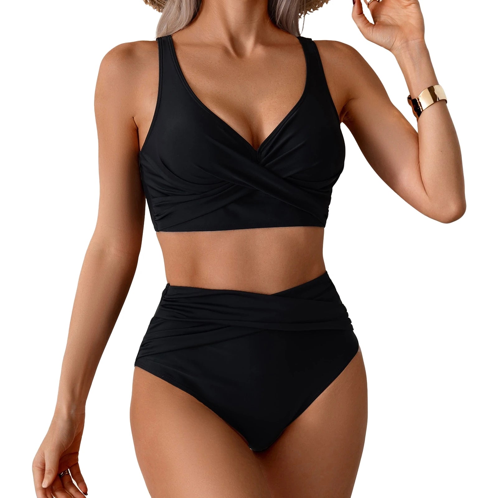 Women Sexy Bikini Summer Twist Front Ruched High Waisted Two Piece Beach Slimming Vacation Swimwear Bathing Suit