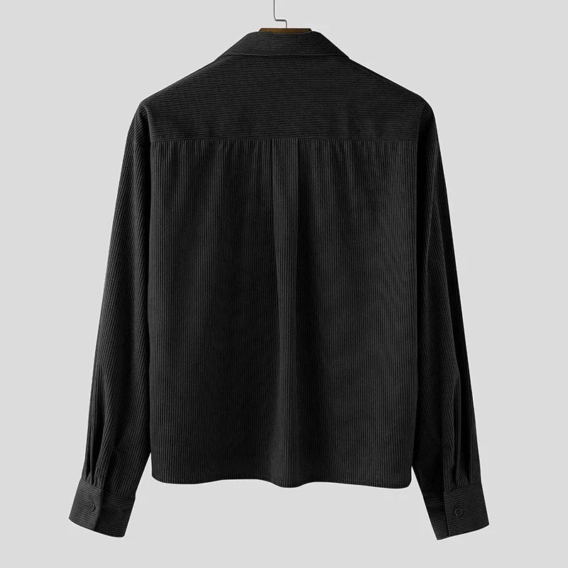 Autumn Men Corduroy Cropped Shirts Long Sleeve Solid Color Suit Collar Casual Blouse American Retro Premium Loose Cardigan Tops
