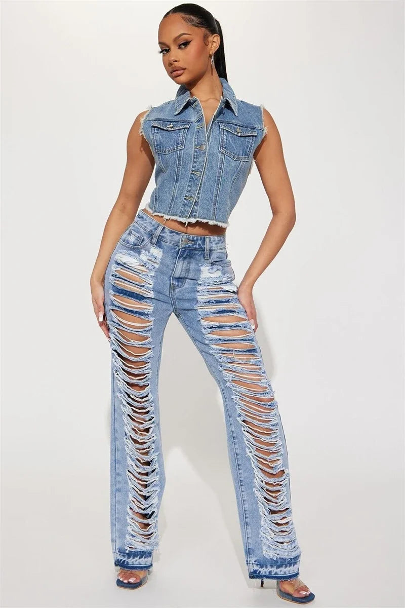 Fashion Ripped Jeans Summer Clothes Women 2024 High Waist Broken Holes Denim Trousers Streetwear Cutout Straight Leg Jean Pants