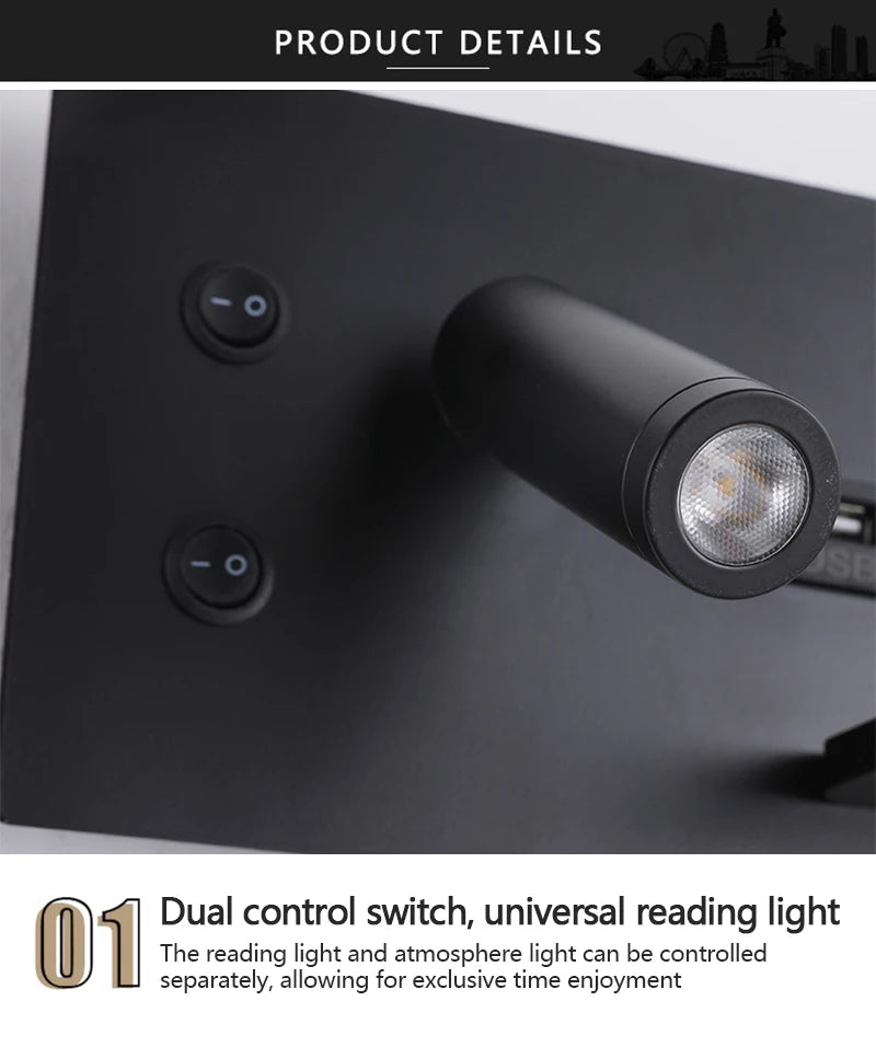 Multi functional wall lamp with switch, USB interface, LED mobile phone wireless charger, reading wall lamp, bedroom night light