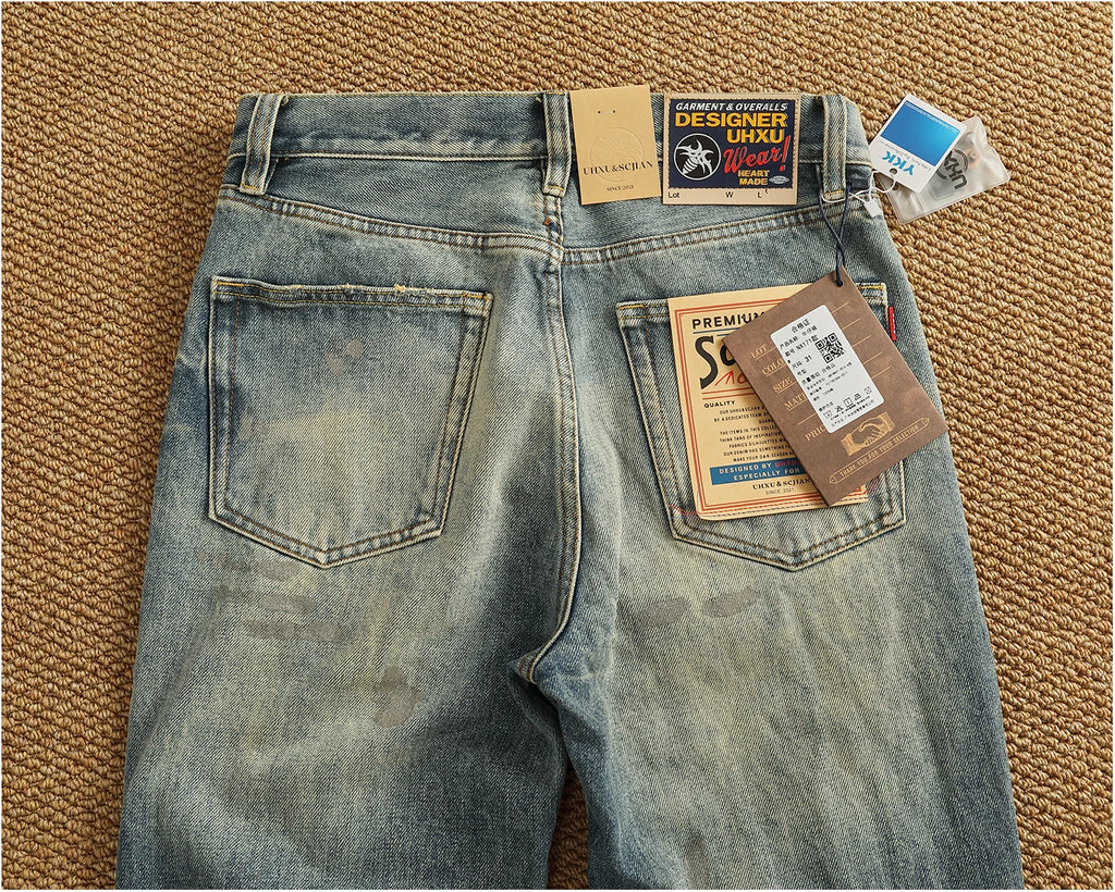 2025 Autumn New American Retro Heavyweight Ripped Denim Men's Fashion 100% Cotton Washed Old Straight Tapered Casual Jeans