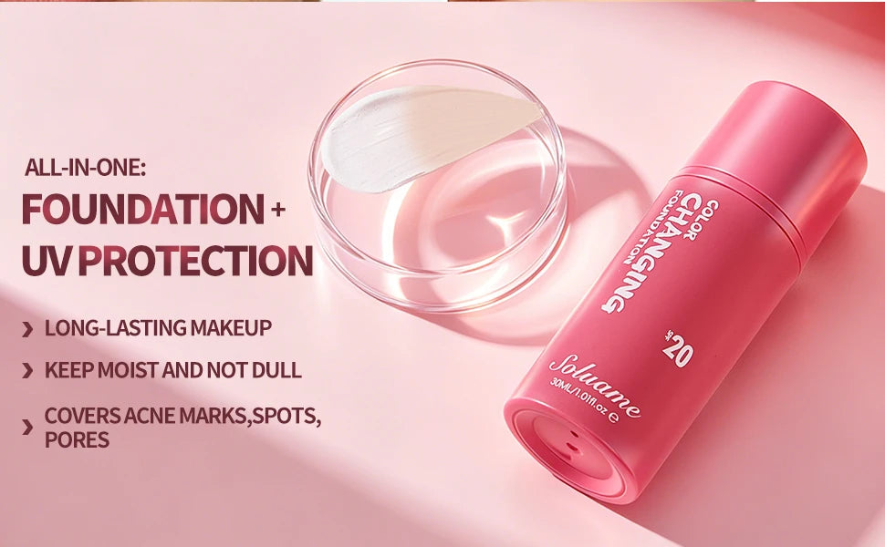 Color Changing Foundation Spf 20 Sunscreen Face Makeup, 30ml, Flawless Coverage Self-Adjusting Liquid Foundation for Natural Look
