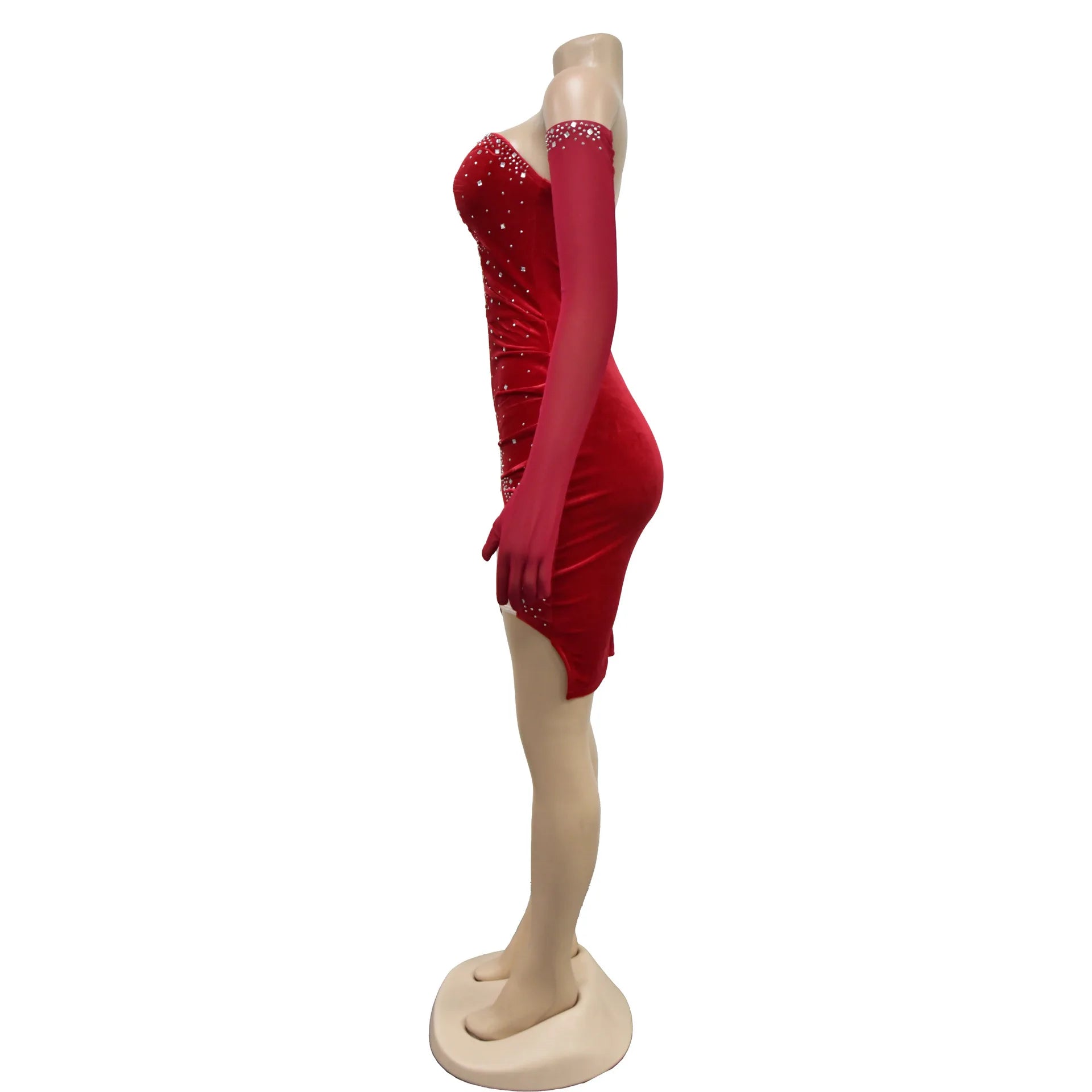 Women Diamonds Hot Rhinestones Velvet Ruched Side Split Bodycon Midi Dress with Cuff 2026 Sexy Party Dresses Vestidos