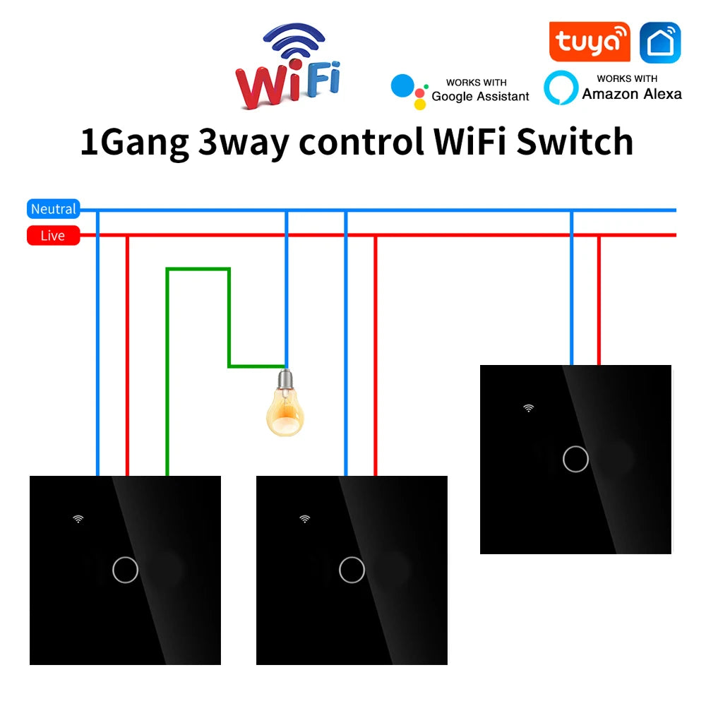 3way Wifi Switch 1/2/3gang Touch Light Switches With Tempered Glass Support Tuya Smart Life APP Voice Control For Stairs Bedroom