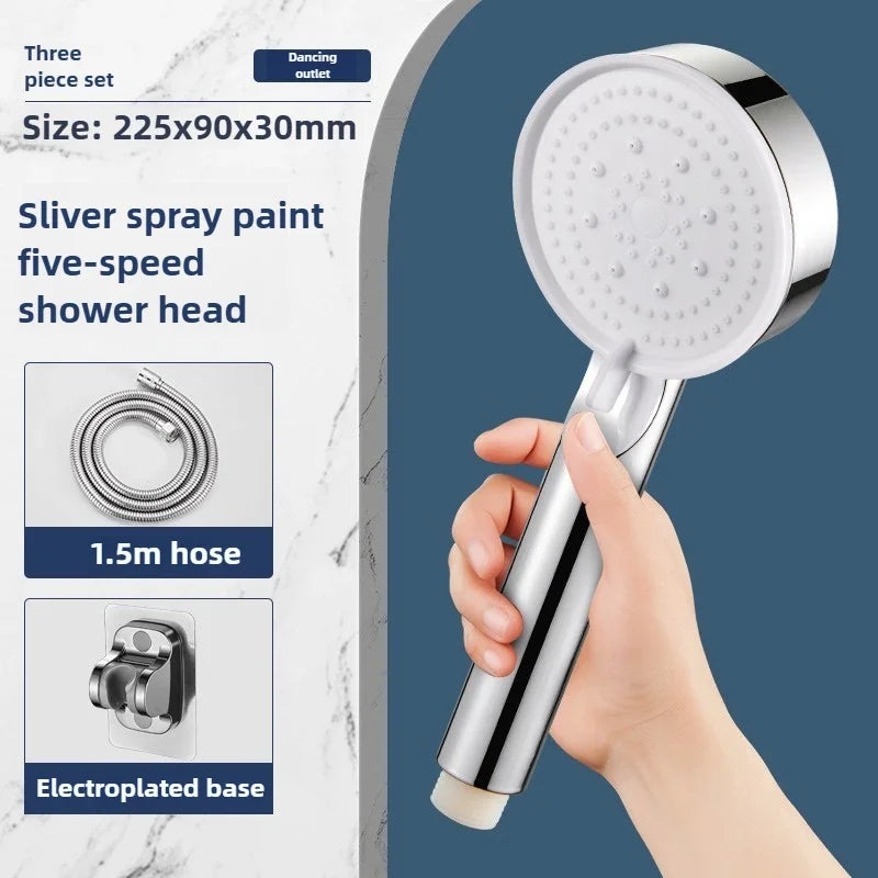 High-Pressure Handheld Shower Head with Stand and Hose - 5 Adjustable Water Flow Modes, Round Plastic Bathroom Accessory