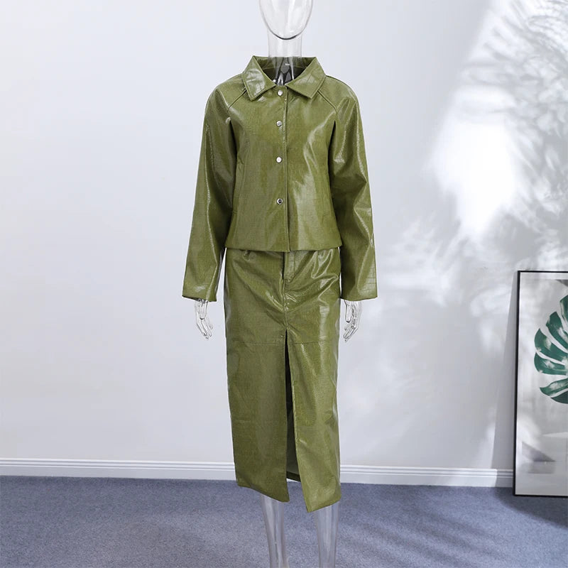 Women's Skirt Sets Crocodile Faux Leather Lapel Long Sleeve Button Oversized Jackets Straight Skirts Autumn Female Loose Outfits