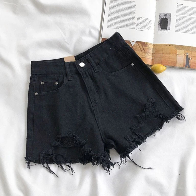 Korean Denim Shorts Women Summer Fashion Casual High Waist Ripped Jeans Pocket Tassel Y2K Hot Pants Streetwear Blue Trousers