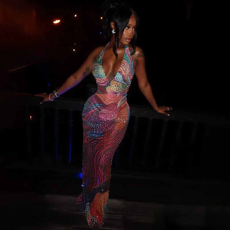 Colorful Print Bodycon Maxi Party Dress Women Fashion Sexy Deep V Neck Sleeveless Halter Backless Slim Party Long Robe Vestidos