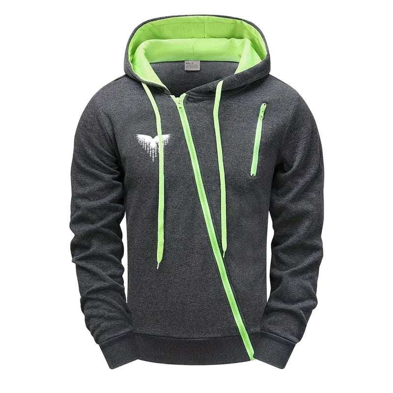 Mens Casual Riding Set 2025 Diagonal Zipper Hoodie with Joggers Urban Streetwear Tracksuit Autumn Winter