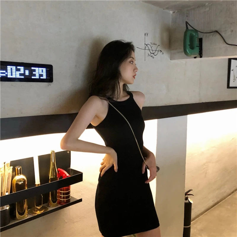Summer New Style Hong Kong Flavor Slimming Sexy Girl Neck Hanging Bodycon Dress Shoulder Exposure Knitted Strap Dress Women