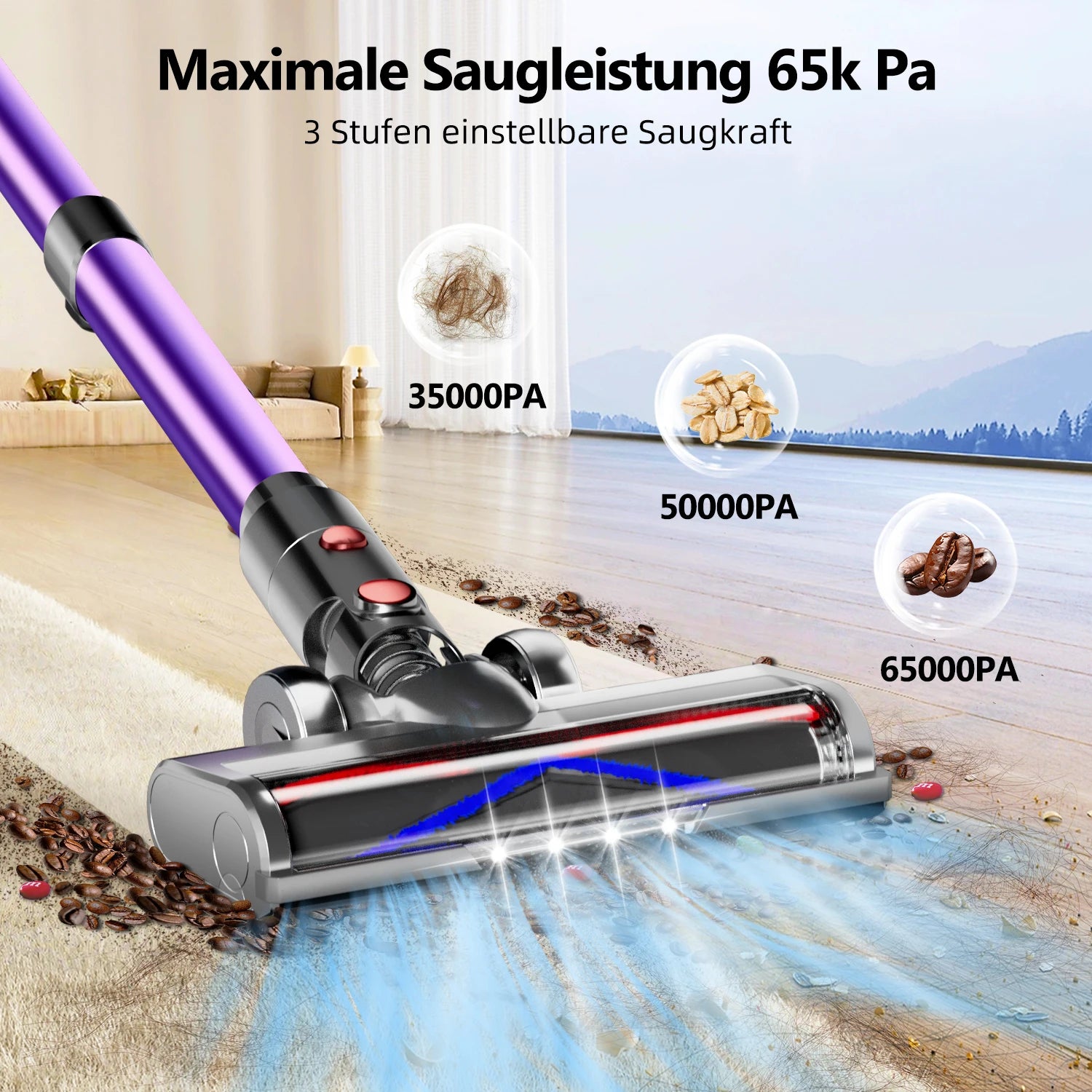 AUTHMIC Cordless Vacuum Cleaner, 70 Mins Runtime, 3 Modes, LED Headlights, 1.8L Dustbin, HEPA Filter, Lightweight, for Pet Hair