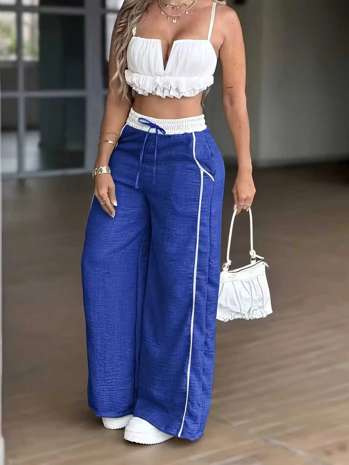Women Pants High Waist Full Length Trousers Light Beige Wide Leg Pants Black Ruffle Trim Loose Fit Pants Women's Crop Top