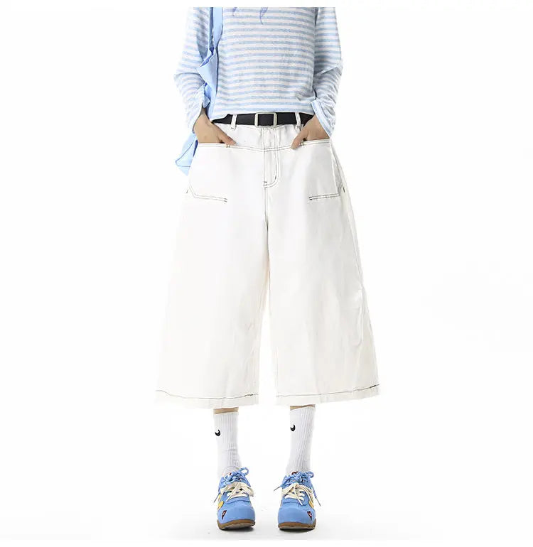 White denim pants men capri pants fashion trendy summer denim fabric visible stitching design, streetwear outdoor sports pants