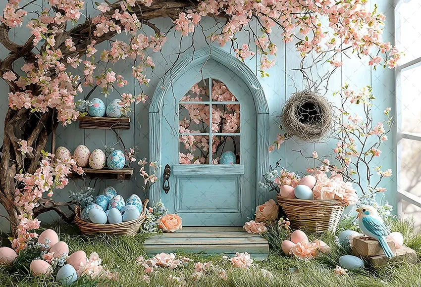 Happy Easter Day Photography Background Blue Wood Board Easter Egg Spring Flower Rabbit Kid Birthday Portrait Photocall Backdrop