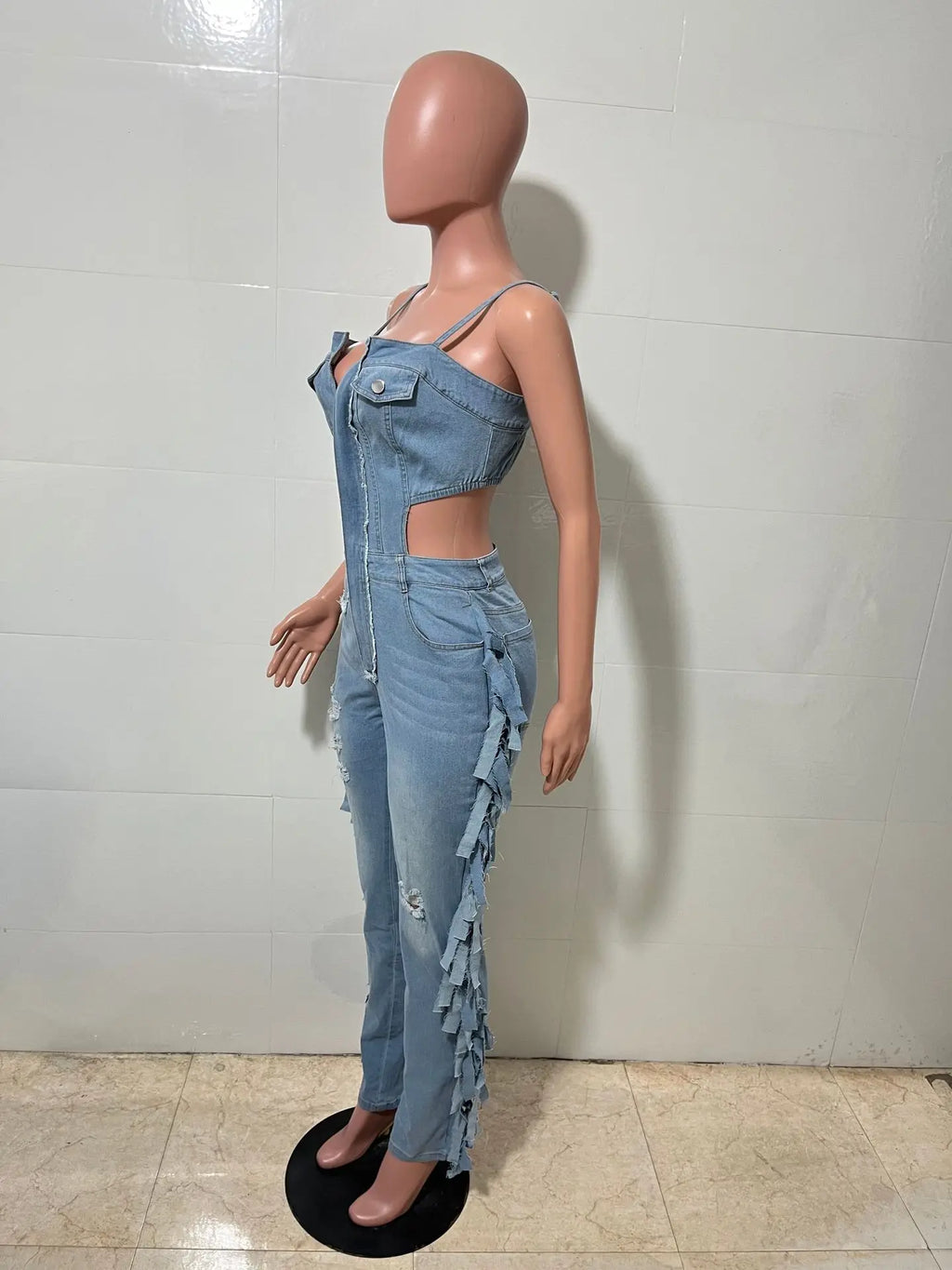 Tassel Jeans Stretch Jumpsuit Sexy Women Spaghetti Strap Elegant Hollow Out Denim Club Romper Overalls