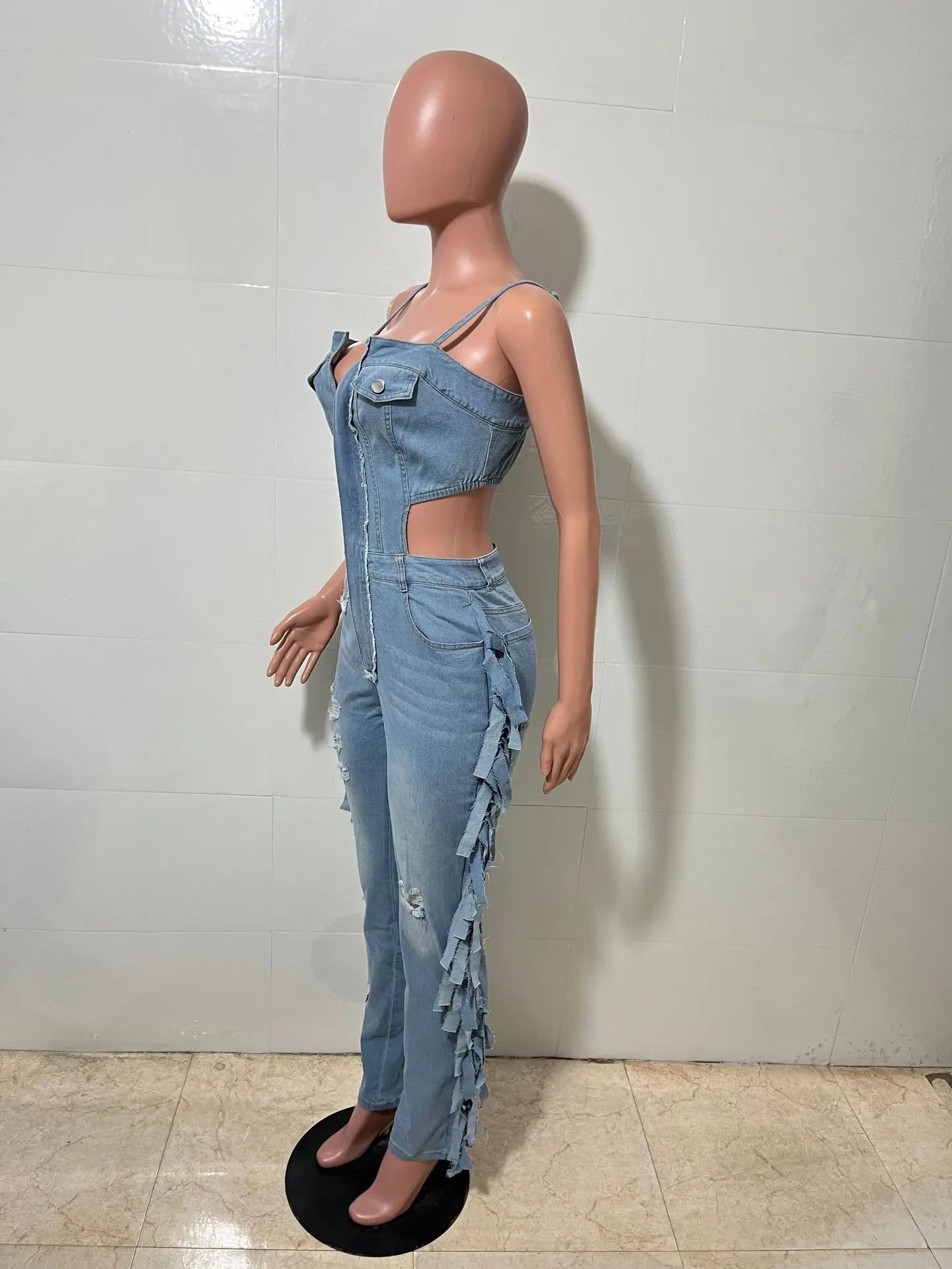 Tassel Jeans Stretch Jumpsuit Sexy Women Spaghetti Strap Elegant Hollow Out Denim Club Romper Overalls