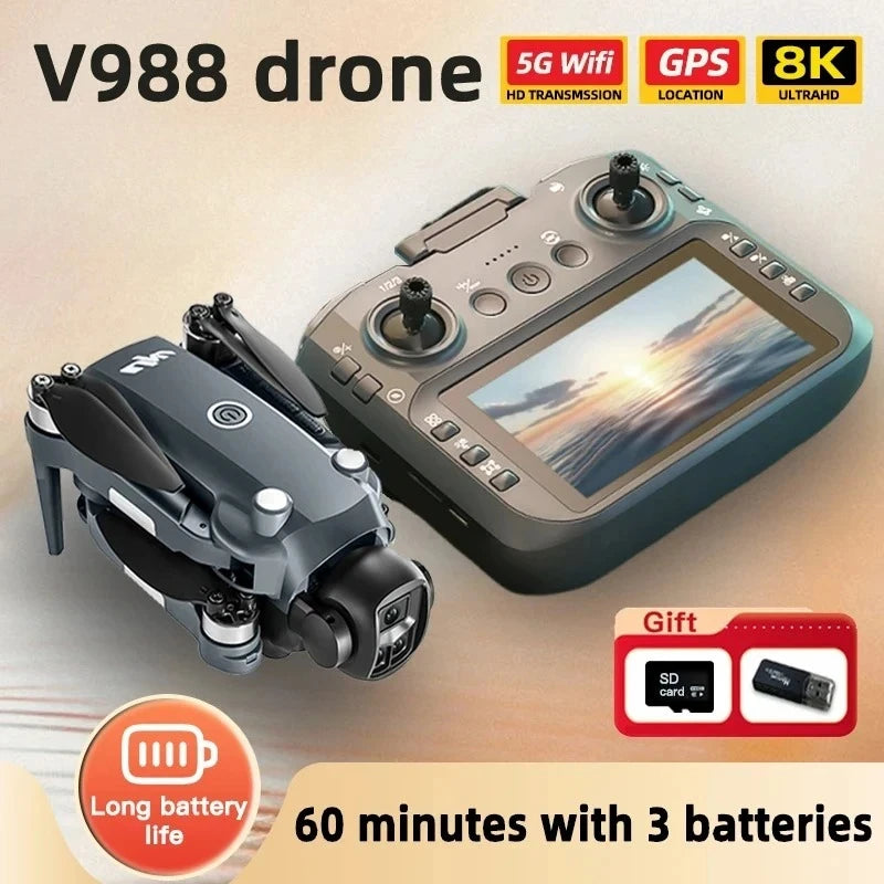 Original V988 Drone 4K HD Camera 360°Obstacle Avoidance Brushless 5G WIFI FPV GPS Quadcopter FPV RC Dron Toy with Big Screen