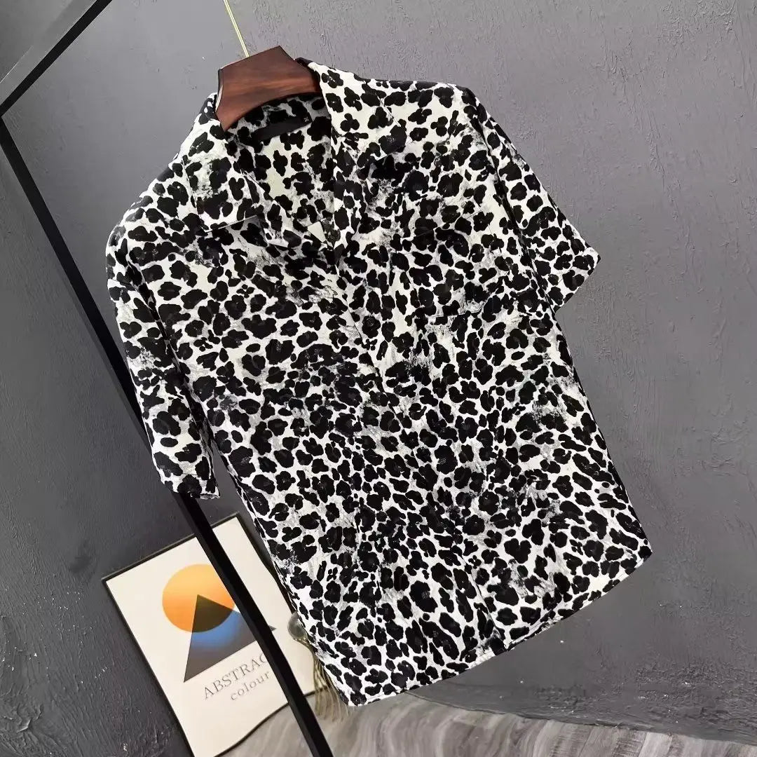 Leopard Print Short-sleeved Shirt Men's Design Niche Fashion Versatile Casual Summer Thin Style 2025 New Trendy Top