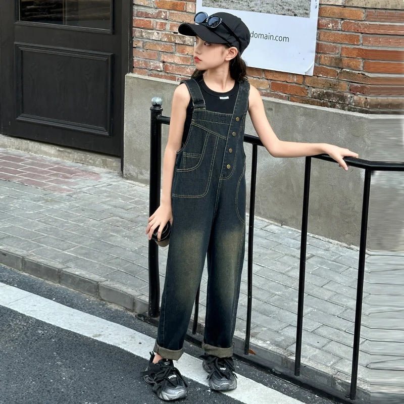 Elegant Children Jeans Jumpsuit with Broken Holes For Girls Fashion Overalls Streetwear Kids Denim Suspenders Pants With Strap