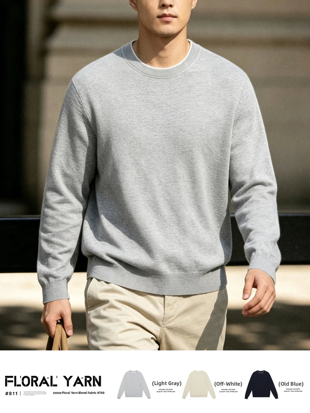 Men's Light Grey round Neck Knitted Sweater Long Sleeve Basic Style Commute Knitted Base Shirt Casual Comfortable Lenzing Fabric