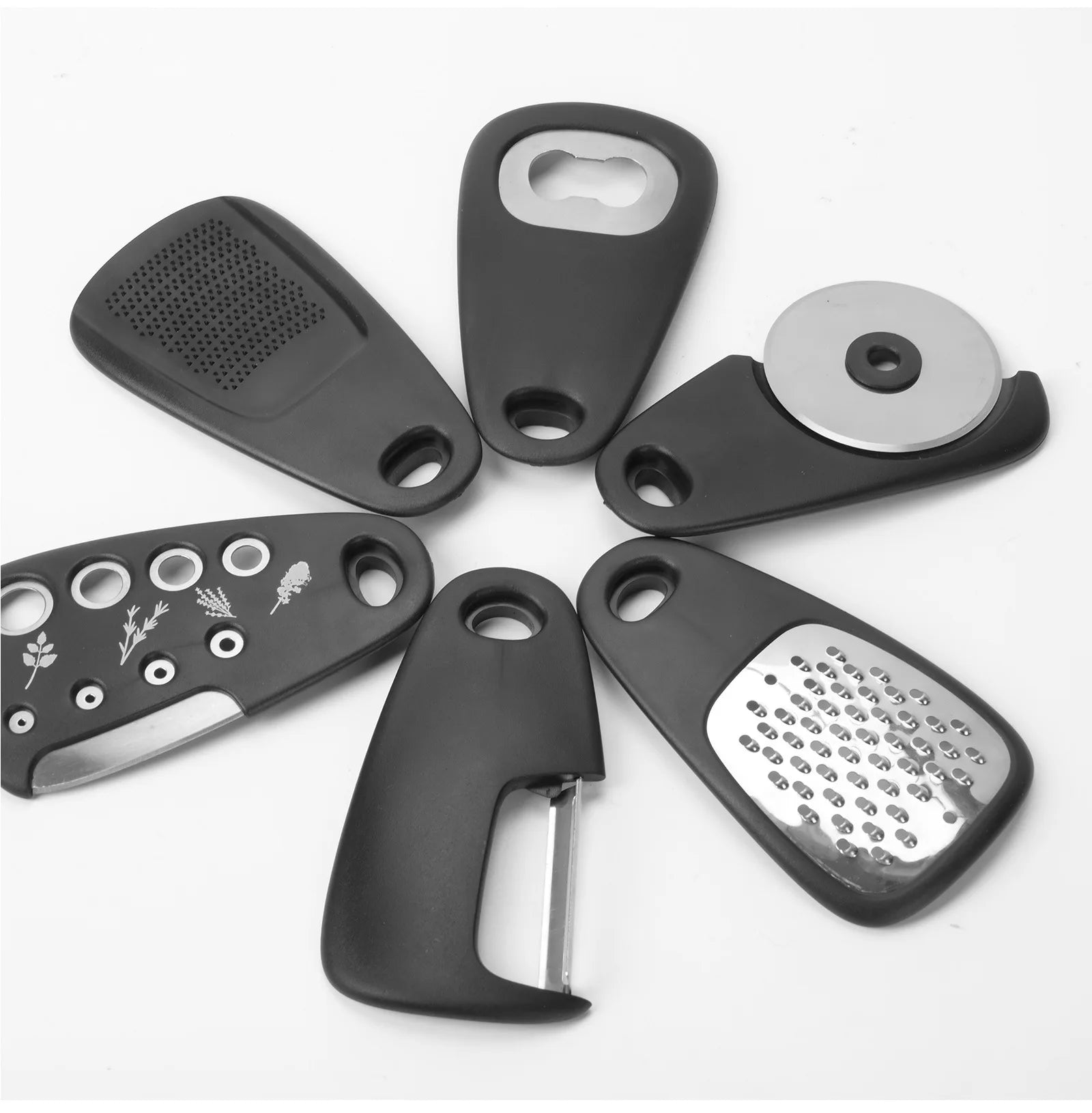 Stackable Kitchen Gadgets 6-Piece Melon Grinder Herb Cutter Garlic Grinder Can Opener Cheese Grater Pizza Cutter