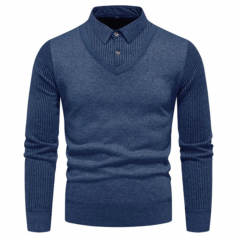 Autumn and Winter New Men's Fake Two Piece Sweater with Fleece and Slim Fit Polo Collar Knitted Bottom Shirt Thickened and Warm