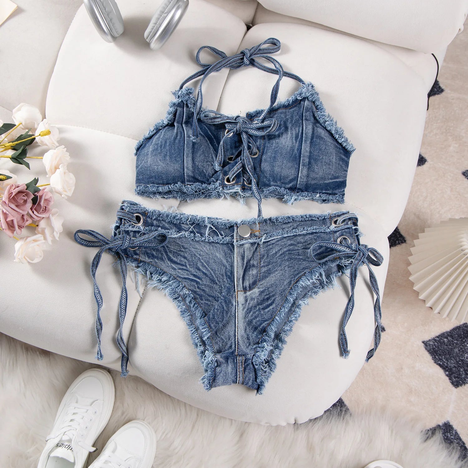 DEKA Retro Women Bikini Denim Suits Summer Halter Camis+ Mini Pant Lingerie Fashion Vacation Swimsuits Sexy Bra&Briefs Sets