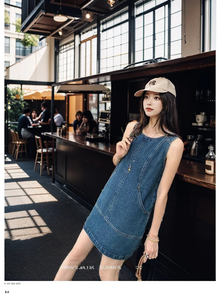 Retro Vest Denim Dress 2025 Summer Fashion Temperament Stitching A Word Street Style Women's Short Skirt
