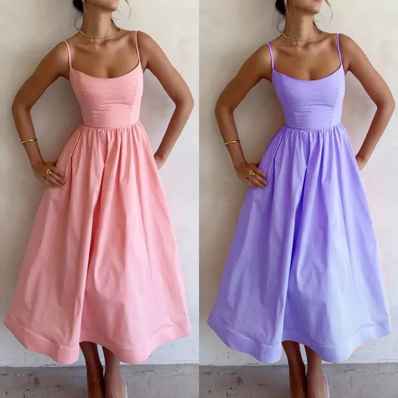 KIDCRKJ Women's U-neck Summer Dress Elegant Sleeveless Camisole Slim Pleated Sundress Loose Host A Performance Party Long Dress