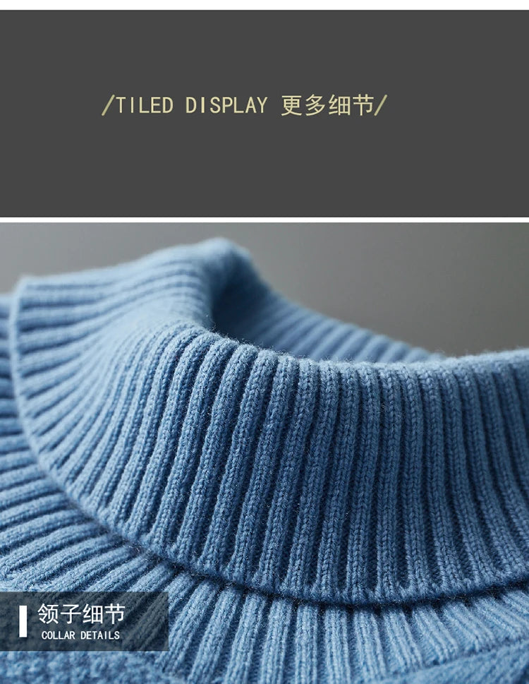 2025 Winter Turtleneck 100% Merino Wool Knitted Sweater Men's Lapel Jacquard Thicken Pullovers Fashion Loose High-End Base Shirt