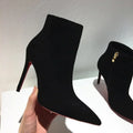 high heeled short boots  fashionable and sexy soft leather pointed thin heel side zipper and bare boots