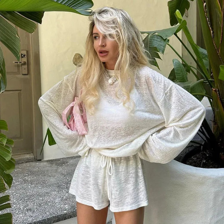 Tossy Casual White 2 Piece Set Women Summer Lounge Wear Loose Long Sleeve Pullover Top And High Waist Shorts Beach Outfits 2026