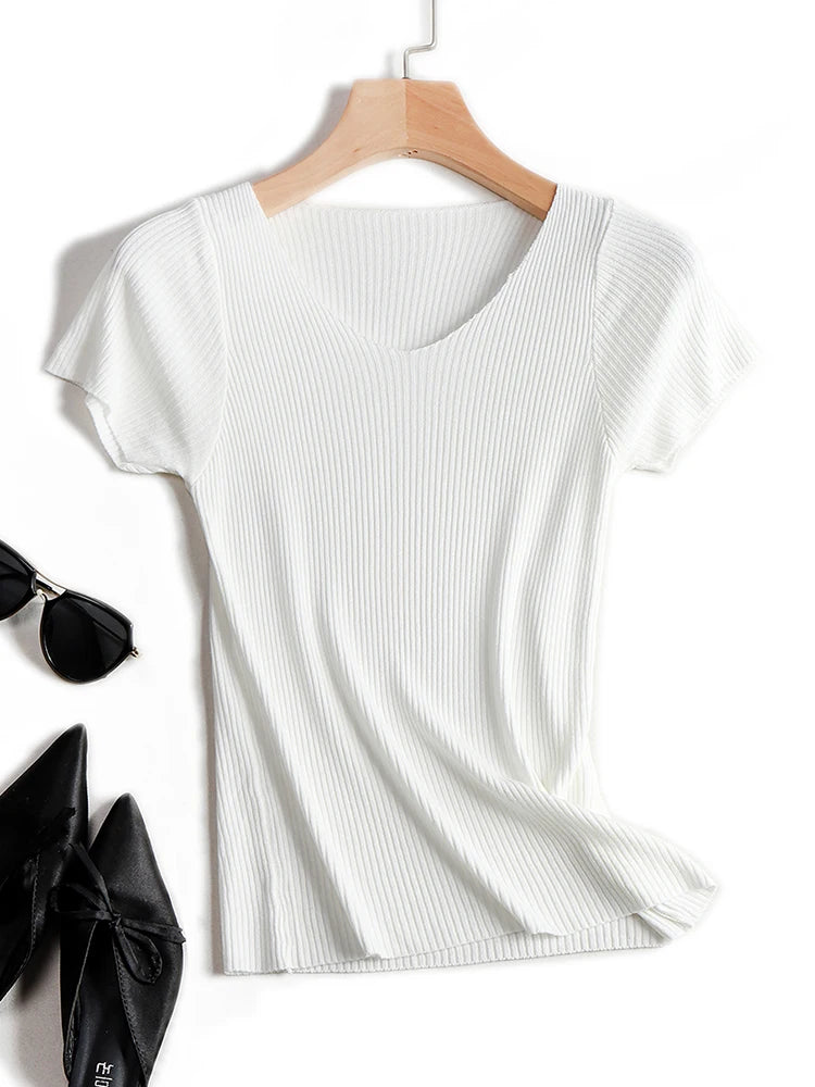 Pullover knitted Short Sleeve knitted Sweater Women Spring Summer Slim Basic Solid Casual Base Female knitting shirts 2024 Korea