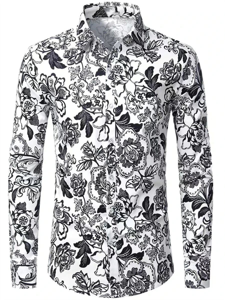 Spring and Autumn Men's Casual Outdoor Luxury Suit Lapel Shirt Long Sleeve Soft Comfortable Material Floral Rose Red HD Pattern