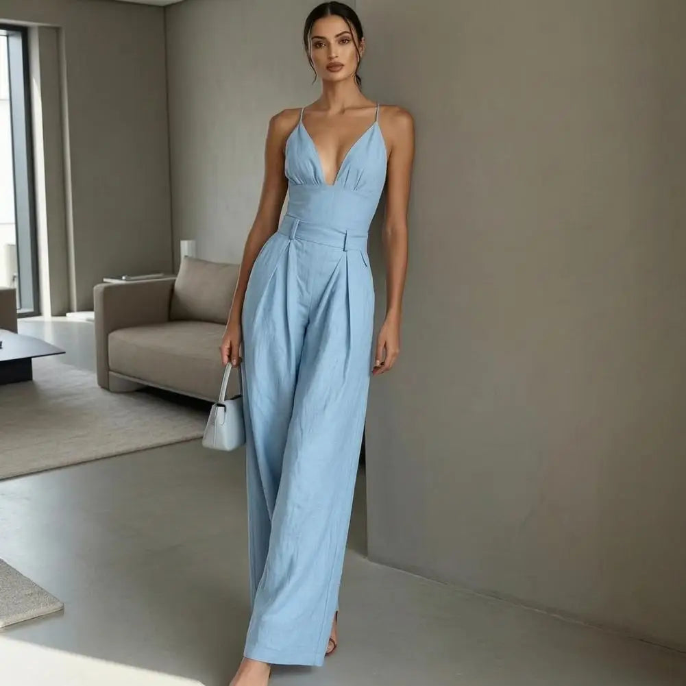 Elegant Sexy V-Neck Spaghetti Strap Jumpsuit Women High Waist Wide Leg Casual Romper Spring Boho Solid Backless Pockets Overalls
