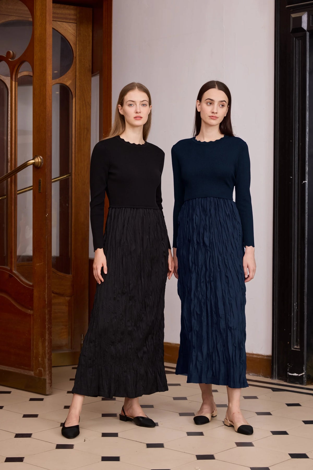 AP 2026 Women Autumn and Winter Crinkle Dress Knitting Patchwork Elegant Lady Maxi Dress