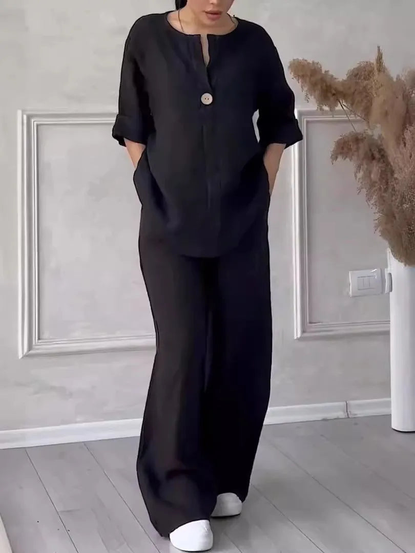 Women's 2 Piece Cotton Linen Lounge Set Button Down Shirt and Wide Leg Pants Casual Loose Fit Matching Outfit Solid Color Co-ord