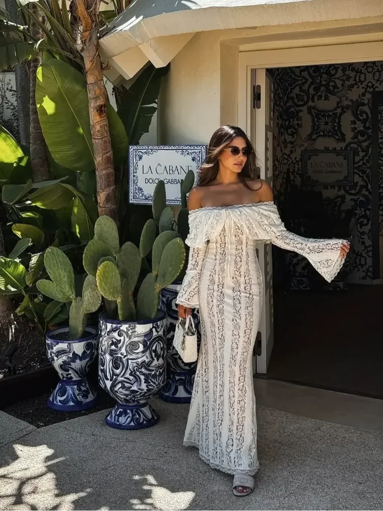 White Lace Flare Off Shoulder Dress Women Elegant Sexy Hollow Out Long Sleeve Slim Dresses 2026 Spring Lady Mermaid Floor Robe