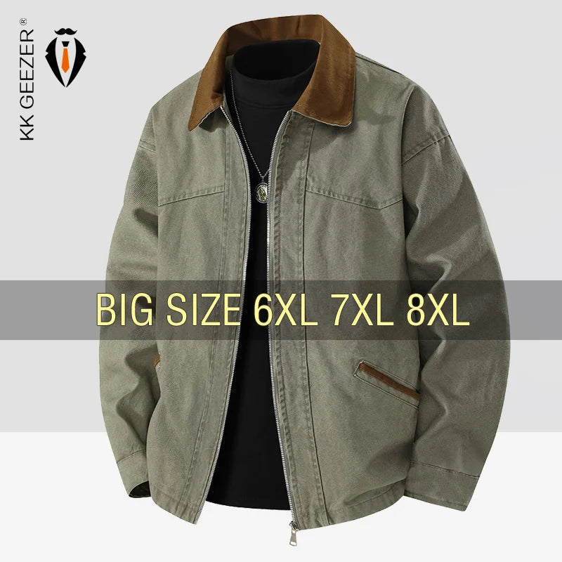 Men Jacket 100% Cotton Coats Safari Autumn Oversize 6XL 7XL 8XL Plus Size Camping Street Casual Business Work Zipper Softshell