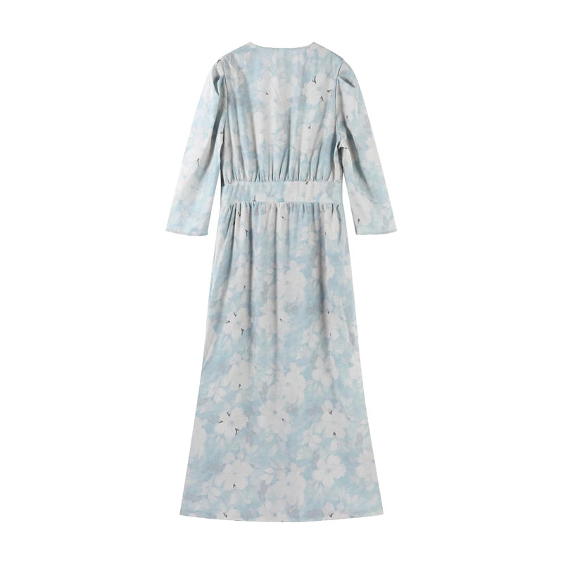 Fashion Printed Deep V Neck Women Slim Dresses Chic Long Sleeve High Waist Dress Summer New Beach Party Lady High Split Vestidos