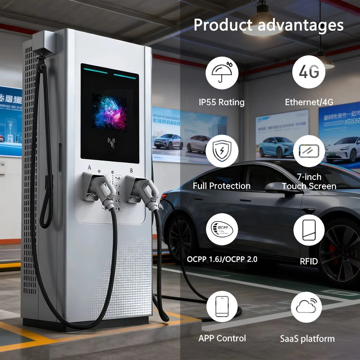 New DC Electric Car Charging Station 60KW 90KW 120KW Commercial IP55 Floor Mounted DC EV Charger With 7 Inch Screen