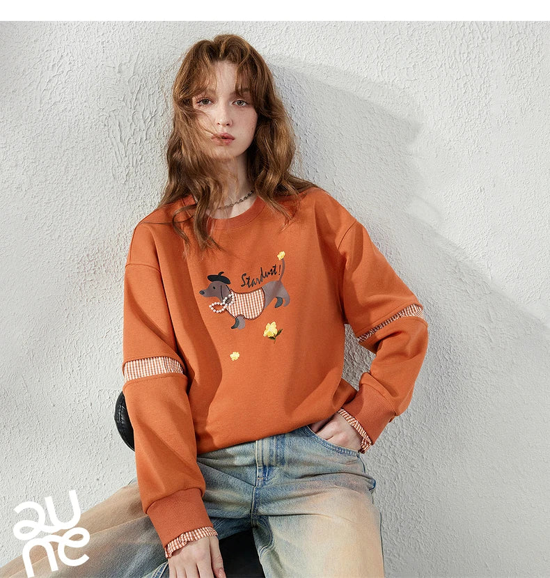 TOYOUTH Women's Sweatshirt 2026 Autumn New Loose Deconstructed Faux Two-Piece Plaid Dachshund Print Vintage Pullover Top